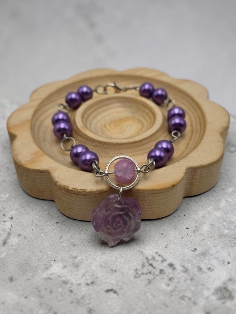 Handmade Purple Beaded Bracelet with Rose Charm